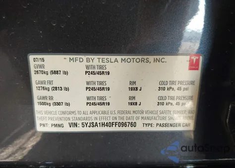 2015 Tesla Model S 85D/P85D z USA, uszkodzony, nr VIN 5YJSA1H40FF096760